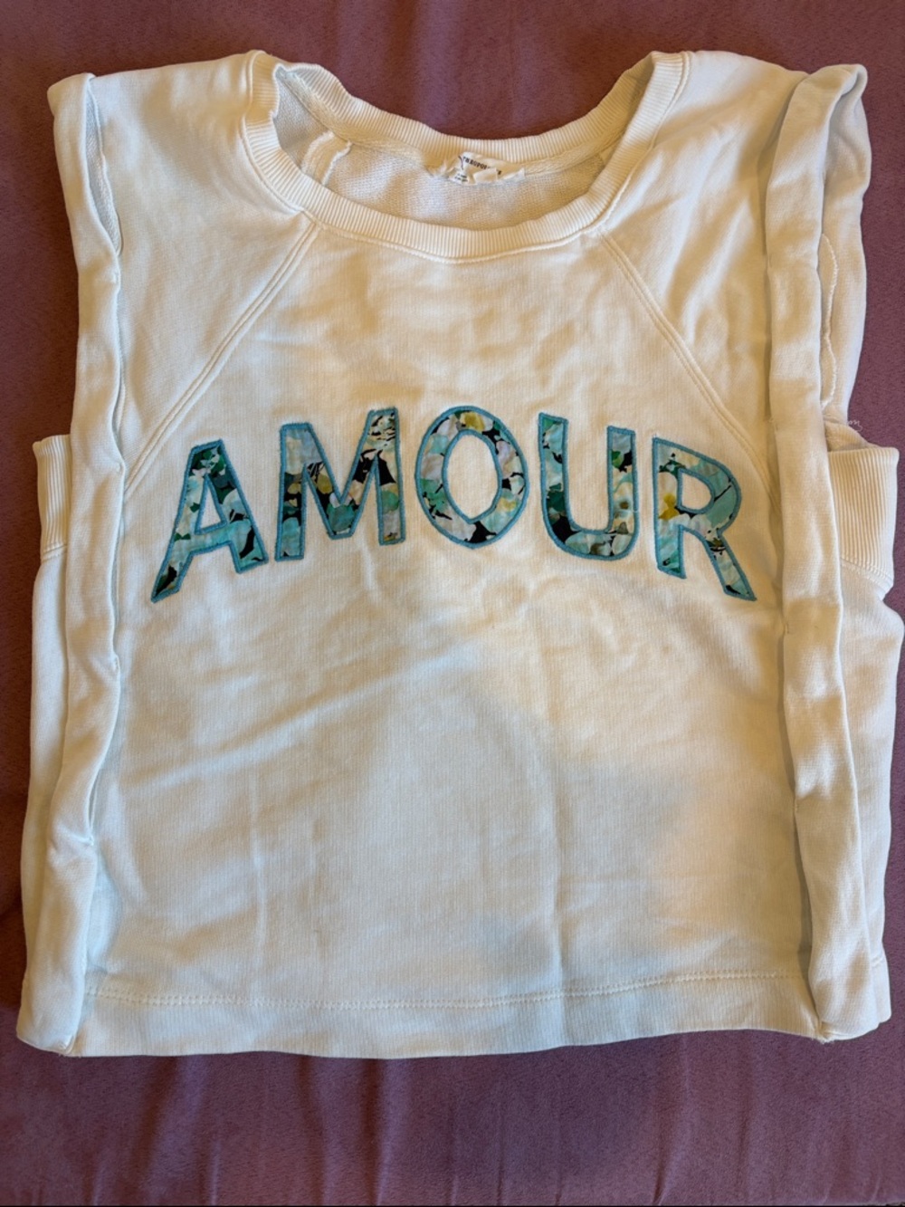 Anthropologie White Muscle Tee with Blue-Green 'AMOUR' Applique